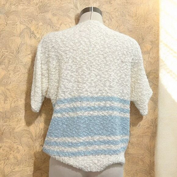 Vintage 80s Retro White Stripe Short Sleeve Sweater Top Shirt M Boat - Picture 3 of 5